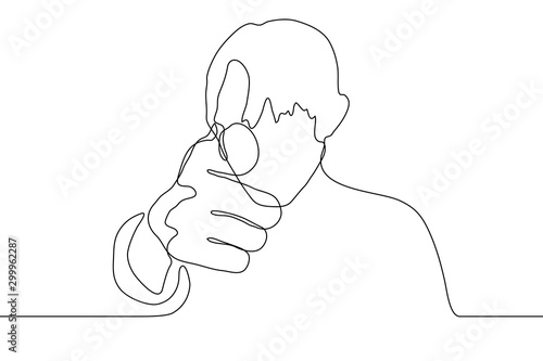 continuous line drawing a man’s silhouette with a pistol pointing forward, pointing to the viewer. The concept of aiming, wanted, weapons metaphor. It can be used for animation. Vector