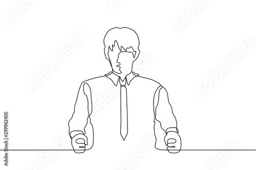 continuous one line drawing a young man sits at a table clenching his hands in fists. The concept of determination, anger, decision making. It can be used for animation. Vector