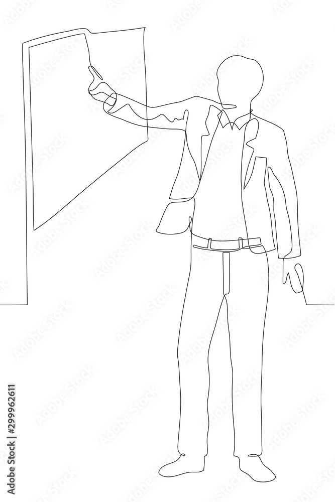 a continuous one line drawing of a full-length man in a suit stands in front of an empty board and shows something in its center. Business presentation, training, planning. Can be used for animation.
