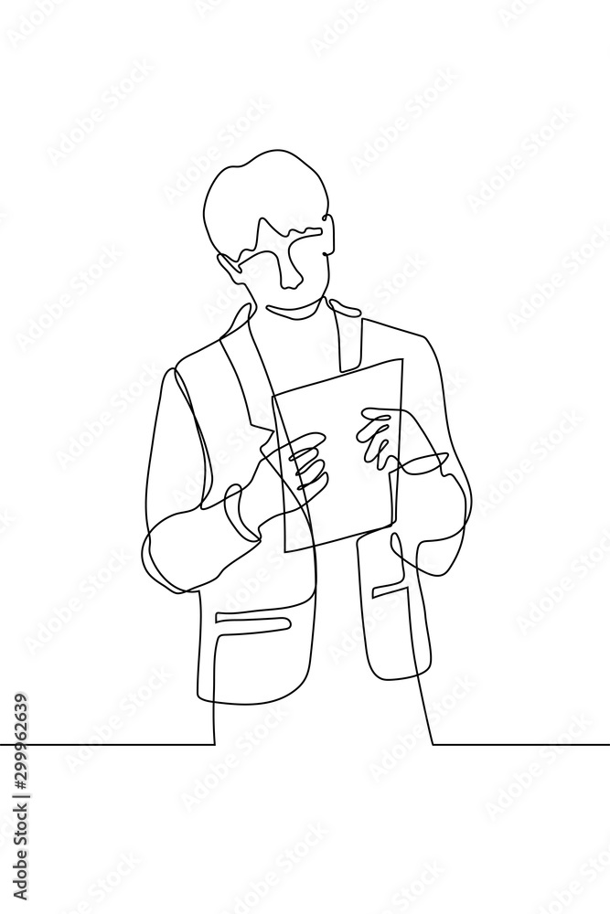 continuous one line art young businessman standing in suit. A man looks at the documents that he holds with both hands. Carefully read, familiarization, get an education. can be used for animation continuous one line art young businessman standing in suit. A man looks at the documents that he holds with both hands. Carefully read, familiarization, get an education. can be used for animation