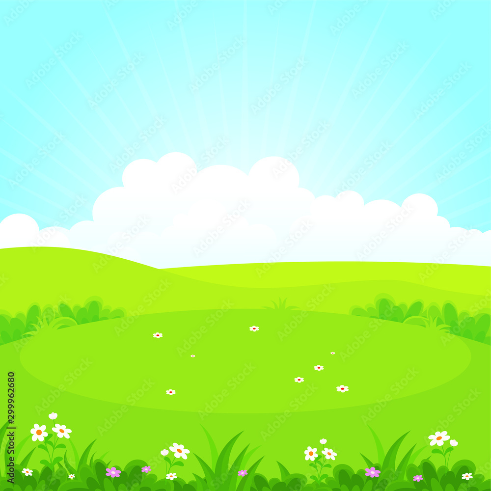 Green field or park with beautiful scenery landscape, suitable for kid background, cover, flyer with cartoon style