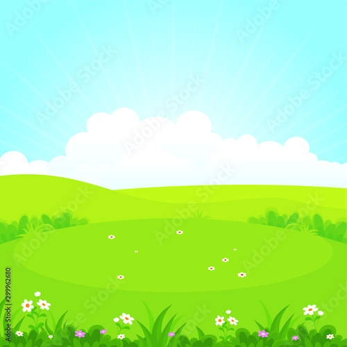 Green field or park with beautiful scenery landscape, suitable for kid background, cover, flyer with cartoon style