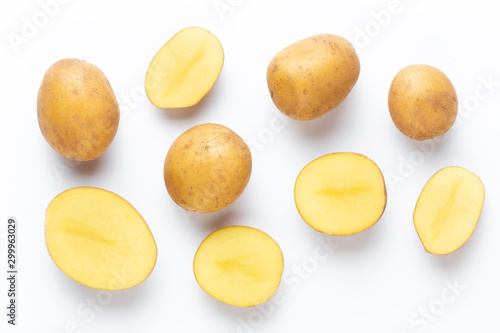 Potatoes isolated on white background. Flat lay. Top view.