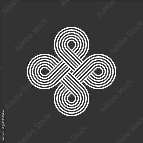 Celtic interlocking knot. Endless loop. Infinite loop sign. Old ornament strip. Eternity line. Interconnected circular shapes. Abstract perpetual motion icon.Bowen cross symbol.Vector illustration.  