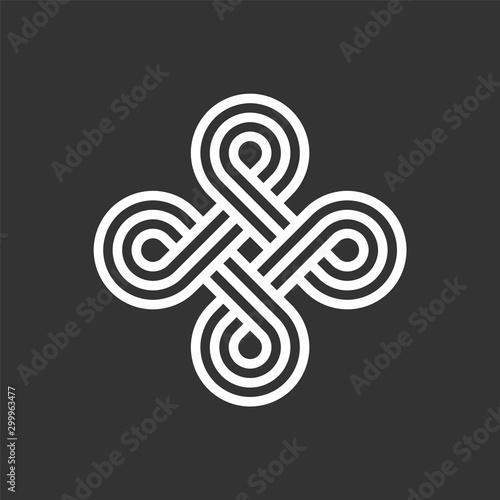 Endless loop. Celtic interlocking knot. Infinite loop sign. Old ornament strip. Eternity line. Interconnected circular shapes. Abstract perpetual motion icon.Bowen cross symbol.Vector illustration. 