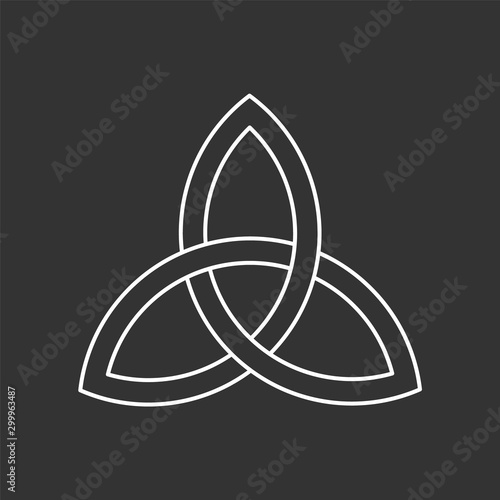 Linear triquetra symbol. Celtic trinity knot. Three parts unity icon. Ancient ornament symbolizing eternity. Infinite interlocking loop sign. Interconnected loops make trefoil. Vector illustration. 