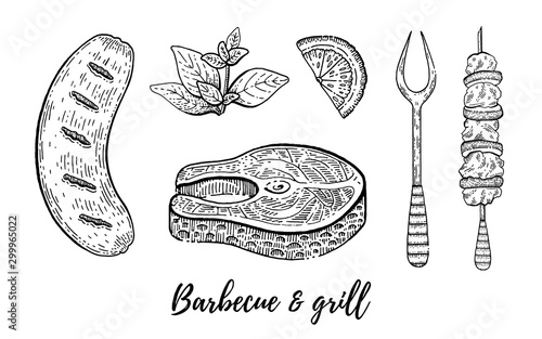 Grill barbecue sketch set. Fish steak, sausage, kebab cook collection, hand drawn bbq grill menu for restaurant, barbeque party. Vintage line engraving vector illustration isolated on white background