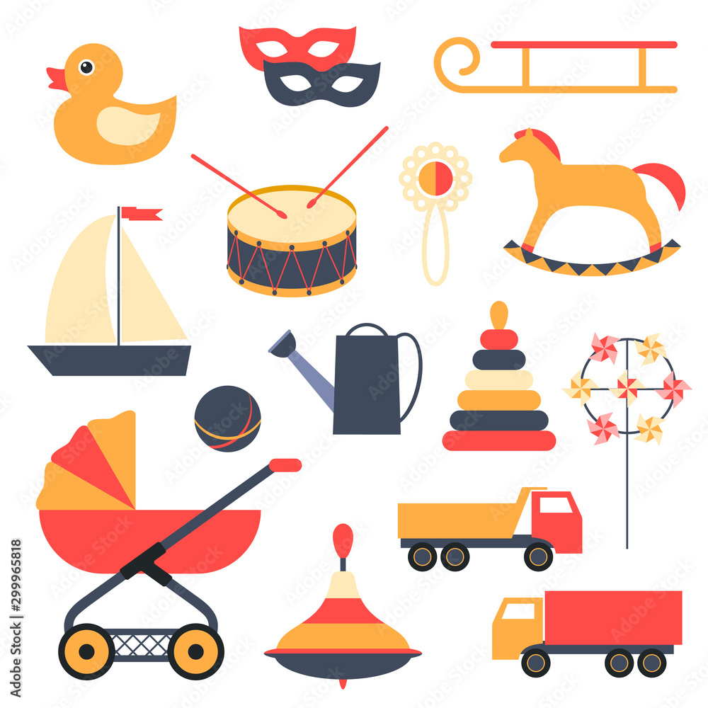 collection of toys for children, vector flat illustration.