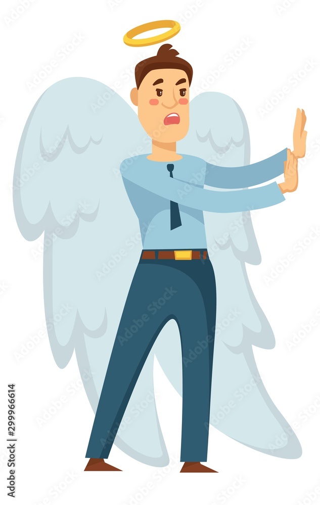 Businessman angel with wings and halo stopping from bad decision