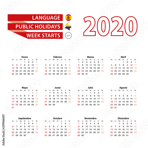 Calendar 2020 in Spanish language with public holidays the country of Colombia in year 2020.