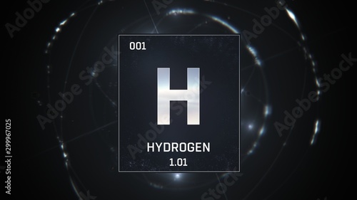 3D illustration of Hydrogen as Element 1 of the Periodic Table. Silver illuminated atom design background with orbiting electrons. Design shows name, atomic weight and element number photo