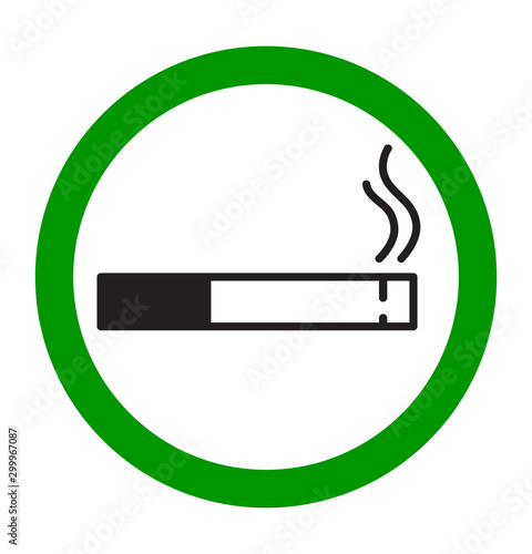 Smoking area sign. Cigarette with smoke icon in green circle. Isolated illustration on white background.