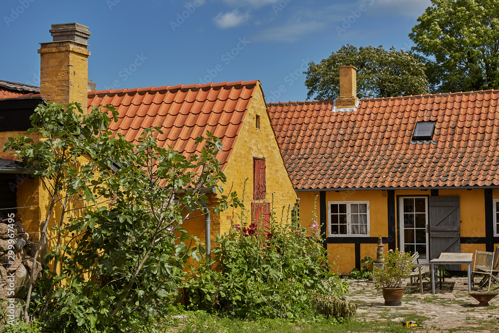 Traditional colorful half-timbered houses on Bornholm island in Svaneke Denmark