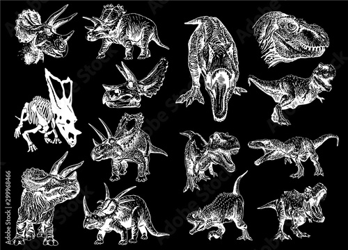 Graphical set of dinosaurs isolated on black background,vector illustration