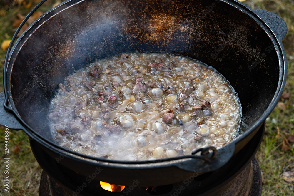 Cook pieces of meat on fire in a large cauldron. Boiled meat in a large cauldron. The horror of a vegetarian. Large pieces of meat are cooked on the street Cook pieces of meat on fire in a large cauldron. Boiled meat in a large cauldron. The horror of a vegetarian. Large pieces of meat are cooked on the street