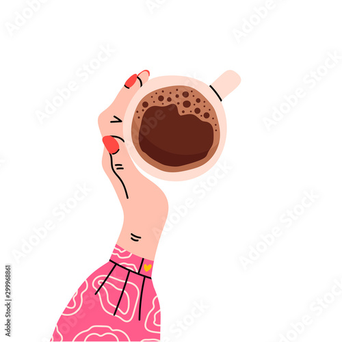 Female hand holding cup or mug with tea or coffee. Top view. Hand with red nails, pink sleeve. Hand drawn colored trendy vector illustration. Cartoon style. Flat design. Isolated on a white background