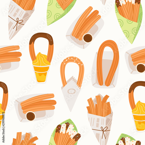Various types of tasty churros. Traditional spanish food. Fried dough. Tejeringos. Hand drawn colored trendy vector illustration. Cartoon style. Flat design. Colorful Seamless pattern. Sweet and salty