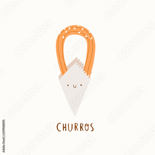 Tasty sweet or salty churro. Paper cup or napkin with kawaii face. Traditional spanish food. Fried dough. Tejeringos. Hand drawn colored trendy vector illustration. Cartoon style. Flat design