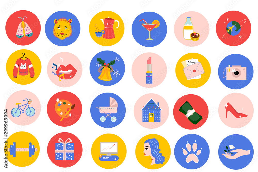 Vector 24 individual bright and cartoon hand-drawn icons for social media on the white isolated background. Vector 24 individual bright and cartoon hand-drawn icons for social media on the white isolated background.