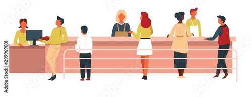Canteen line men and women with trays cash machine and counter