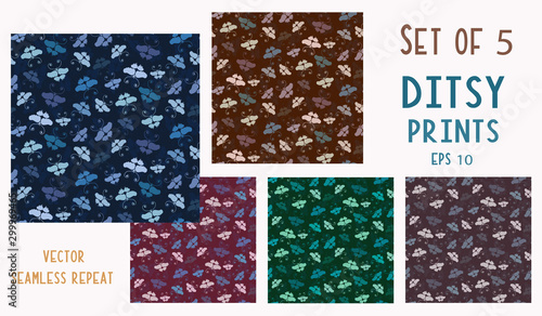 Butterfly Ditsy Wax Resist Dye Pattern. Vector Seamless Background. Dark Bold Color Dense Animal Print. All Over for Modern Summer Textile. Hand Drawn Boho Butterflies. Repeat Tile Eps 10 Set of 5