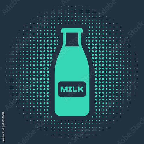 Green Closed glass bottle with milk and cap icon isolated on blue background. Abstract circle random dots. Vector Illustration