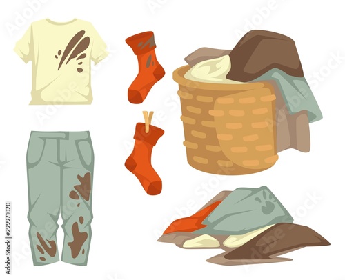 Clothes or dirty laundry stains on garments towels and stocking