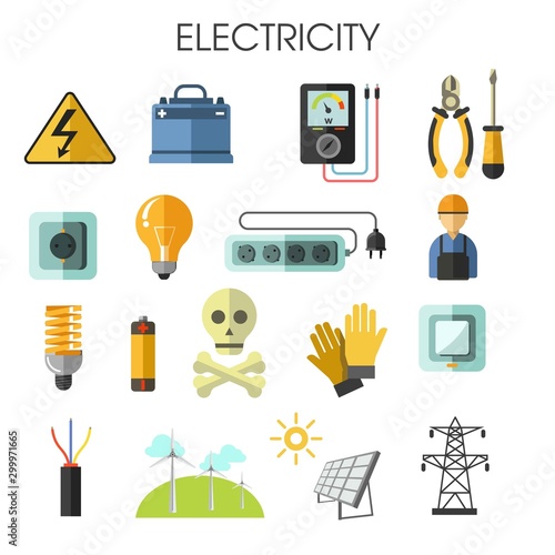 Electricity isolated icons energy generation equipment electrician tools