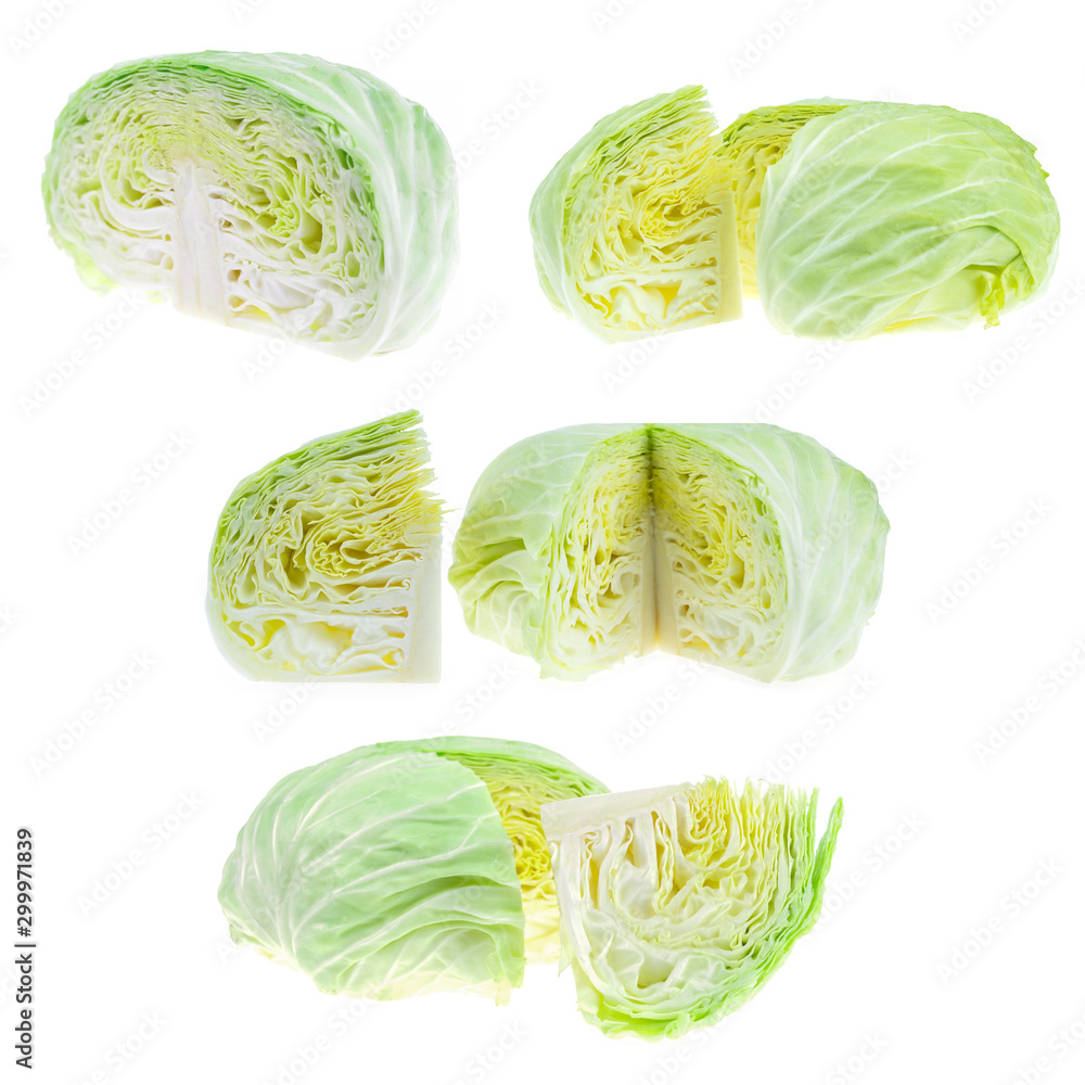 Fototapeta premium Collection of fresh green cabbage halves and slices isolated on white background with clipping path.