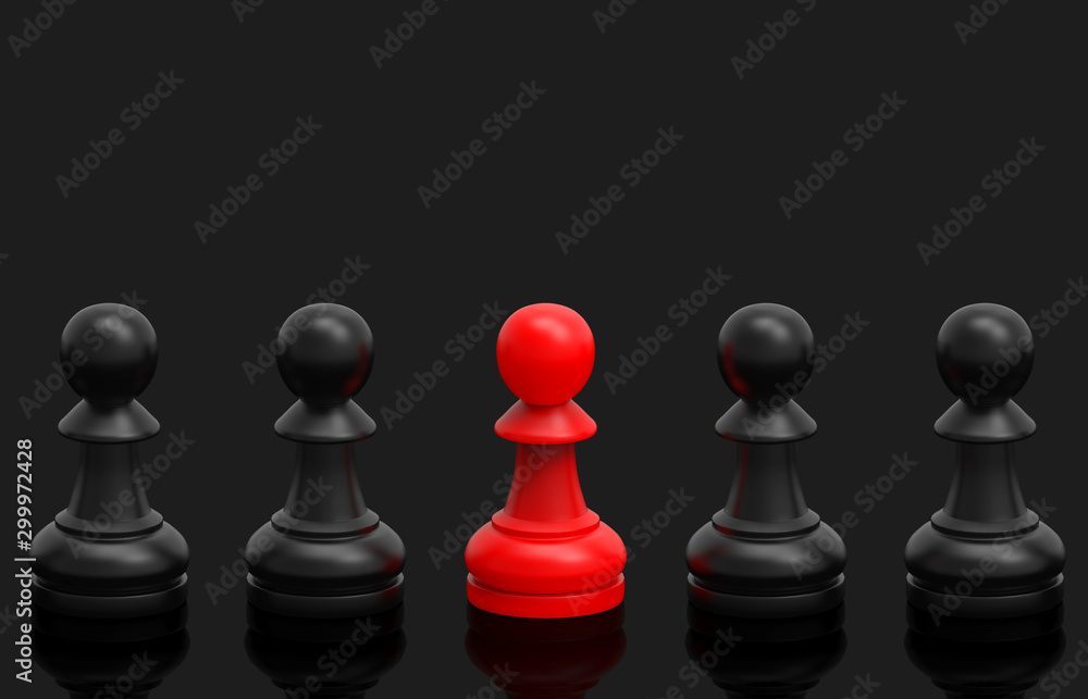 3d rendering. A red among black chesses group, leadership in business concept. 3d rendering. A red among black chesses group, leadership in business concept.