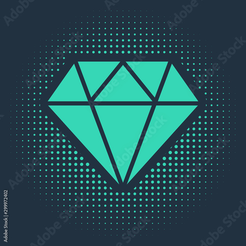 Green Diamond icon isolated on blue background. Jewelry symbol. Gem stone. Abstract circle random dots. Vector Illustration