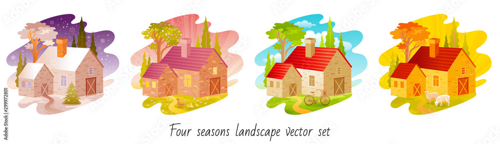 Four seasons set. House with winter, spring, summer, autumn symbols ...