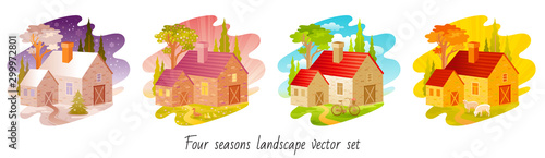 Four seasons set. House with winter, spring, summer, autumn symbols. Rural landscape scene with home, trees, garden, weather elements. 4 season vector illustration isolated on white background.