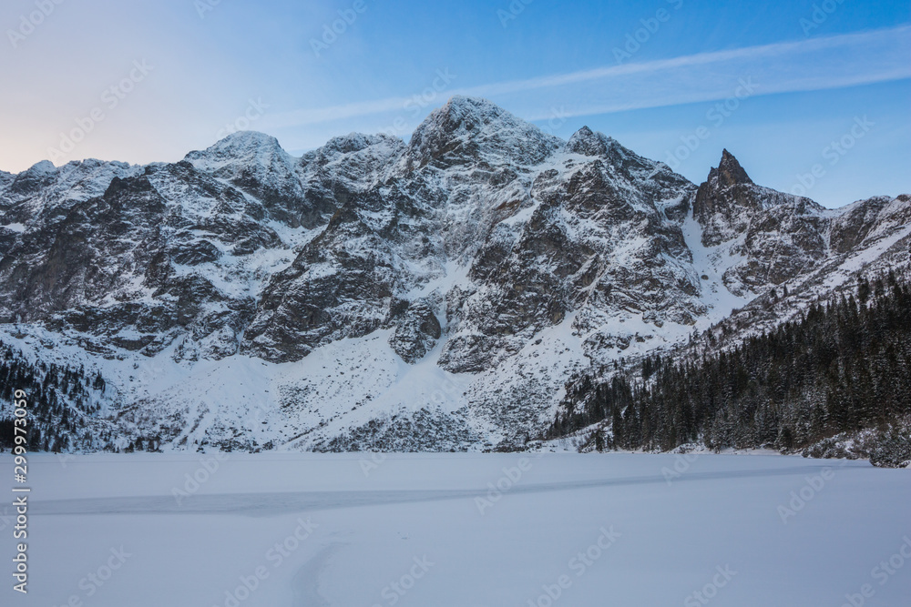 Morskie Oko in winter sunrise in Tatra Mountains in Poland