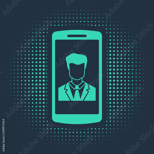 Green Smartphone with contact on screen icon isolated on blue background. Incoming call. Human on phone screen. Call contact. Abstract circle random dots. Vector Illustration