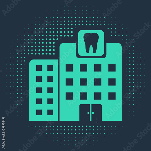 Green Dental clinic icon isolated on blue background. Dentistry center symbol. Abstract circle random dots. Vector Illustration