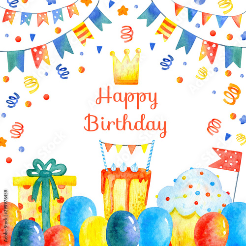 Canvas Print Watercolor Happy birthday party set