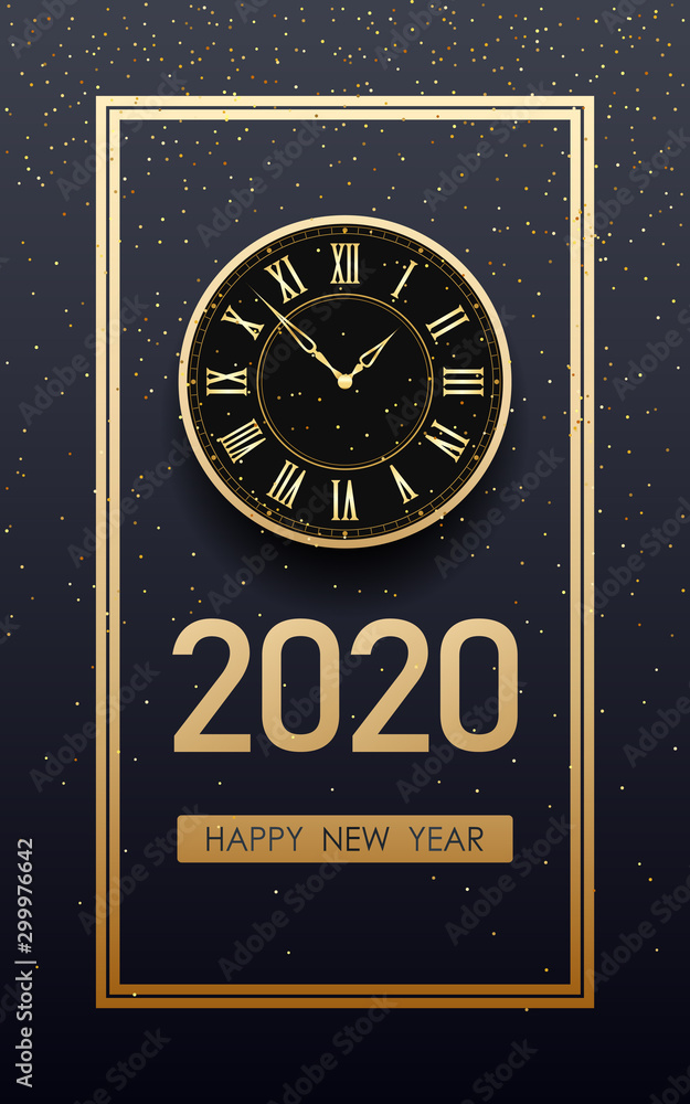 Naklejka premium Golden happy new year 2020 and clock with glitter on black color background
