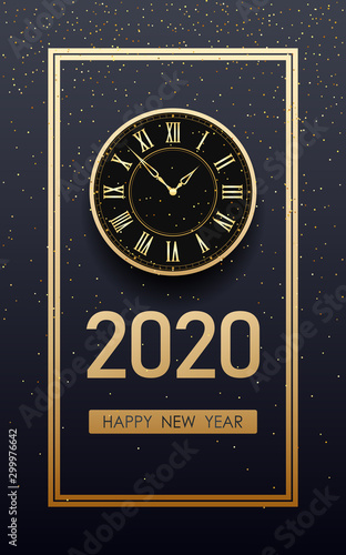 Golden happy new year 2020 and clock with glitter on black color background
