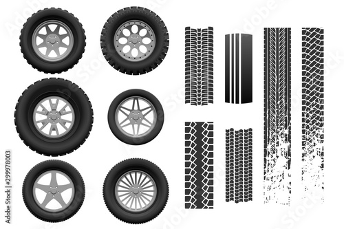 Wheels and tire tracks set