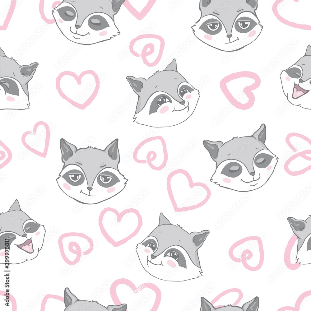 Vector seamless background with cute and beautiful raccoons. Cute background with cartoon character . Repeating texture with animals for children. Illustration on postcard, poster, texture, fabric.