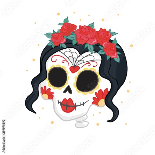 Vector hand drawn illustration of Mexican holiday "Day of the Dead". The postcard with traditional sugar skulls, marigold flowers and candles, and lettering "Dia de Muertos"