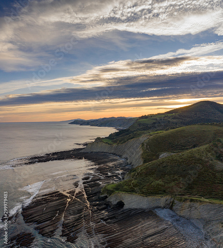 Zumaia flysch geological strata layers drone aerial view  Basque Country