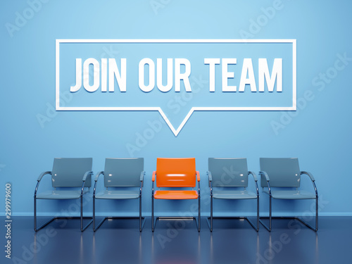 Join our team text word on blue wall waiting room