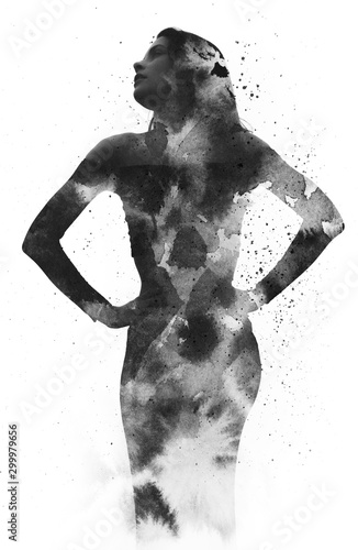 Paintography. Double exposure portrait of a young, elegant, girl wearing a long dress combined with hand drawn watercolor artwork, black and white