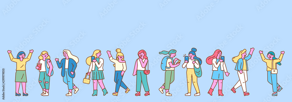 Group of male and female cartoon characters walking with mobile phones. Horizontal banner. Young men and women holding smartphones, talking. Modern city people.Flat design line style minimal vector