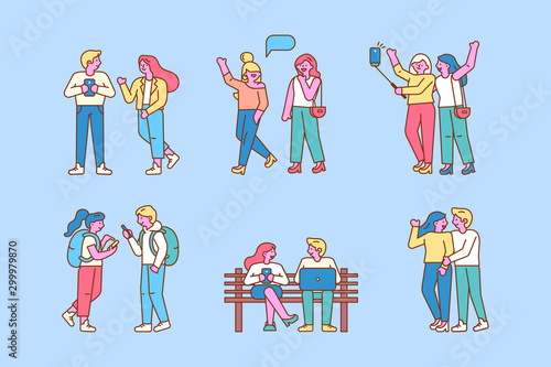 Internet addiction. Men and women use smartphones to communicate. People crowd with gadgets. Flat design line style minimal vector illustration.