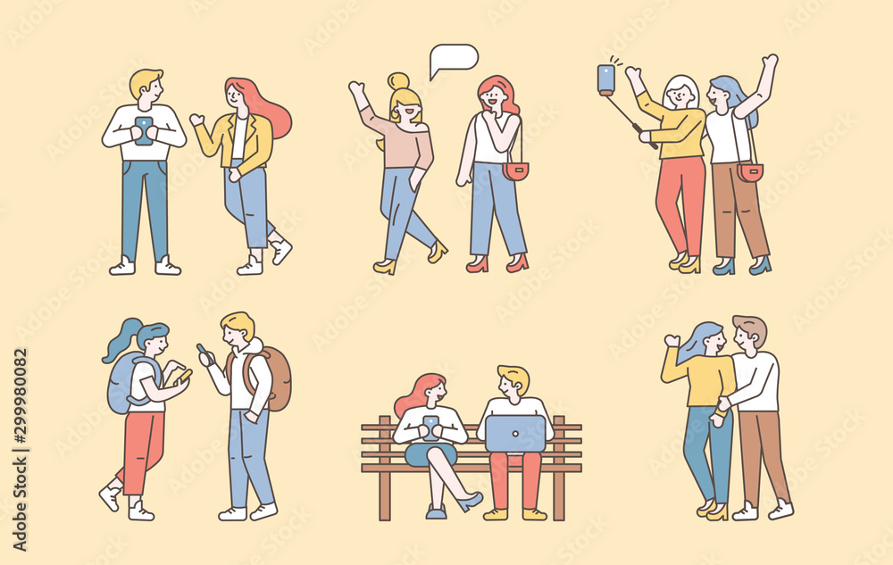 Collection of happy friends spending time together. Talking, walking, jumping, chatting. Friendship. Flat design line style minimal vector illustration. Collection of happy friends spending time together. Talking, walking, jumping, chatting. Friendship. Flat design line style minimal vector illustration.