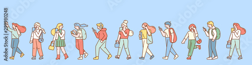 Group of male and female cartoon characters walking with mobile phones. Horizontal banner. Young men and women holding smartphones, talking. Modern city people.Flat design line style minimal vector