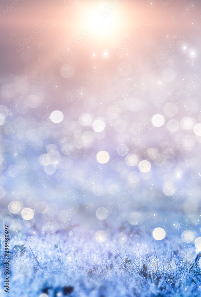 Empty snowy scene. Abstract winter background bokeh effect. Frost, snowflakes. Sunlight in the winter. Blurred background.